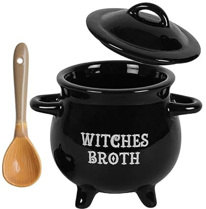 Cuenco de caldero de caldo | Olla de cerámica | Cuenco para servir de Halloween | Caldero de sopa negra, Cuchara de barro para caldero de bruja, Cuenco para fiestas de Halloween, Sopa