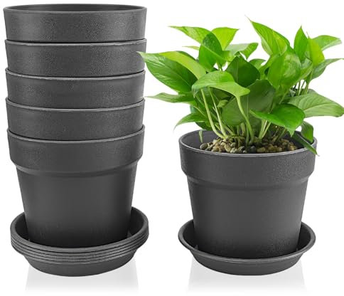 Lrocotanc Set da 6 vasi per piante 14,5 cm con sottovaso – Vasi in plastica per interni e balconi, con fori di drenaggio, ideali per piante grasse e cactus, colore nero