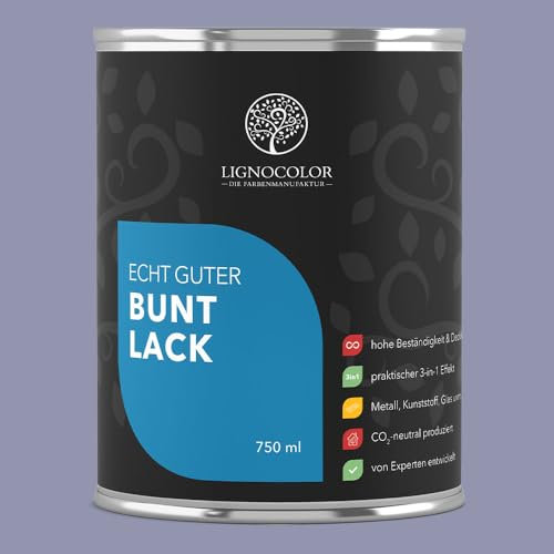 Lignocolor Buntlack glänzend (750 ml, Flieder) | hochbeständiger Lack für Holz, Metall, Kunststoff & Kinderspielzeug
