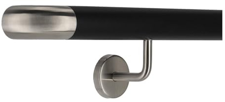 TIBU Pasamanos de aluminio negro 30-600 cm para escaleras soporte de acero inoxidable en ángulo, longitud de 100 cm con 2 soportes y arco a la pared