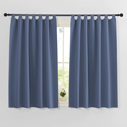 PONY DANCE Kurze Verdunkelungsvorhänge Küche Schlaufenschal 2er Set | H145 x B140 cm, Dunstblau, Sichtschutz, UV-Schutz, für Kinderzimmer Junge, Abdunkelnd, Hitzeschutz, Fenstergardinen