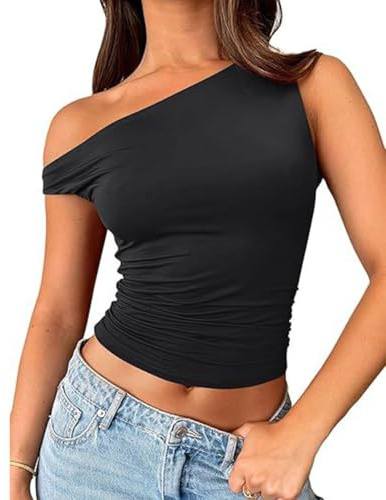 ABINGOO tanktoppar damer, sexiga ärmlösa axelfria sommartoppar, Y2K slim fit, basic crop-topp, enfärgad en axel topp, svart, L
