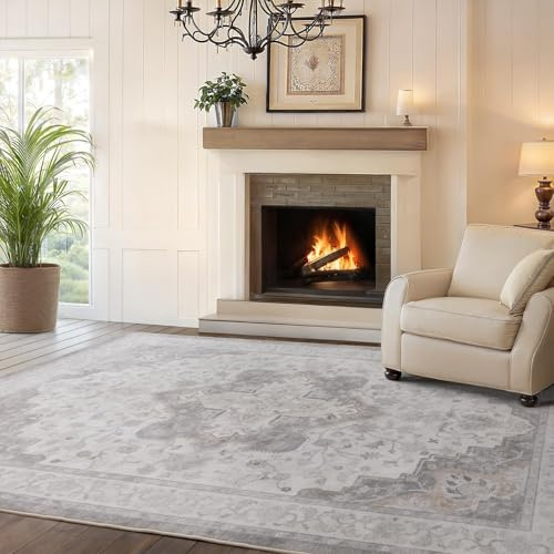 Marsail Area Rug 5x7, Soft & Slip-Resistant Large Area Rug with Reinforced Bound Edges, Vintage Short-Pile Washable Rug with Floral Pattern for Living Room, Dinning Room and Bedroom, Brown