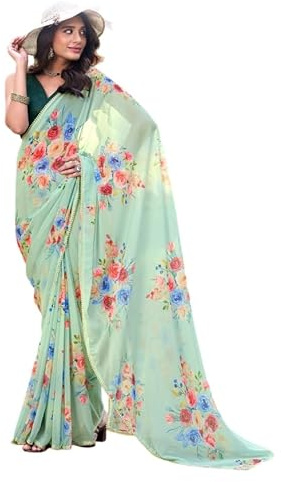 MOHIT CREATIONS Damen Partywear Georgette Floral Printed Saree || Indian Traditional Sari with Unstitched Blouse Piece, Light Pista 2, Einheitsgröße
