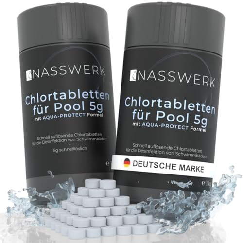 NASSWERK® Mini Chlortabletten für Whirlpool 5g (2kg) | Schnelllöslich | Chlortabs für Pool & Planschbecken | Reinigungstabletten zur Schockchlorung, Stoßchlorung & Dauerdosierung | Chlor Tabs klein