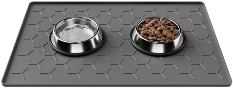 Pieviev Tapis Gamelle Chien Chat, Silicone Alimentaire, 40x60cm Gris Foncé | antidérapant et imperméable, tapis grand pour bols eau & nourriture, rebord anti-débordement, passe au lave-vaisselle