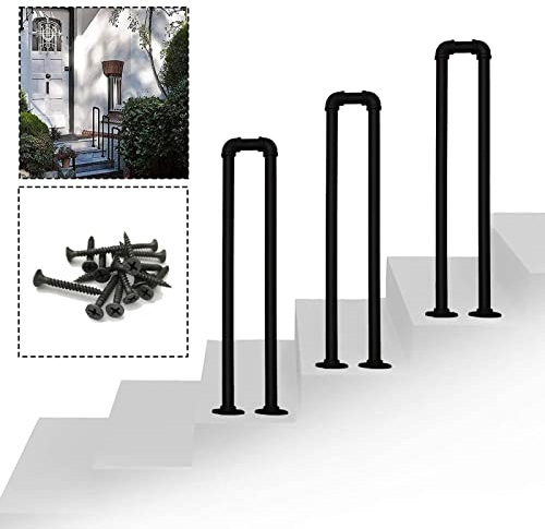 Transitional Handrail for Cement Concrete Steps and Wooden Steps, Handrail Picket Fits 1 Steps for Outside Stairs Exterior Steps, Matte Black Wrought Iron Stair Rail(Size:90cm(2.9ft))