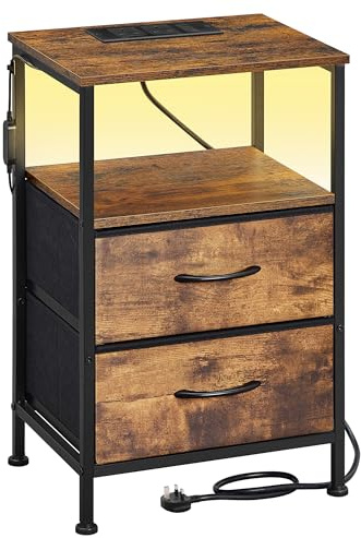 SONGMICS Bedside Table with Charging Station, Side End Table with App-Controlled Adjustable LED Lights, Modern basic, 1 Shelf, 2 Drawers, Rustic Brown and Ink Black BELLAH Collection LGS302KD03