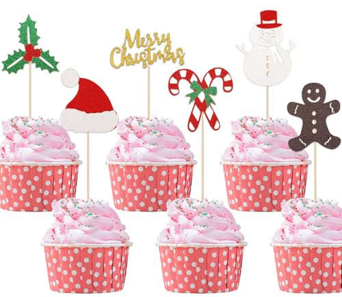24stk Weihnachten Cupcake Topper, 6 Stile Weihnachtsthema Kuchenaufsatz mit Lebkuchenmann Schneemann Zuckerstange Weihnachtsmütze Dekoratives Element für Weihnachten Kuchendekoration