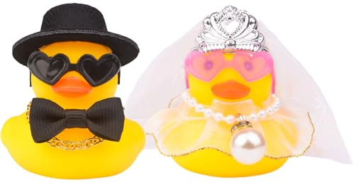 Mwmoeen 2 Stück Braut und Bräutigam Gummi Enten für Hochzeitsgünsten, Party-Gunsten, Hochzeitsdekoration, Hochzeit Segen Kuchen Jubiläumsgeschenk mit weißem Schleier