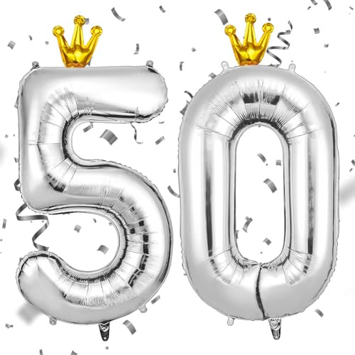AOOSU Silver Krona 50-årsballong, Folienummerballong 101 cm, Uppblåsbar Helium, Stora Födelsedagsdekorationsballonger för Fester och Bröllop