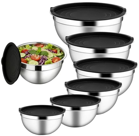 Yhsioaklo Ciotole in acciaio – 7 utensili da cucina rotondi, antiscivolo, set per insalate e | vasca in metallo nidificabile per salse, cereali, uova, spezie o frutta