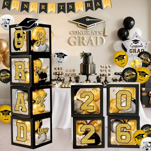 Black and Gold Graduation Decorations 2026 - Balloons Boxes with Letters 2026 GRAD So Proud of You, Congrats Grad Party Decorations for Any Grades