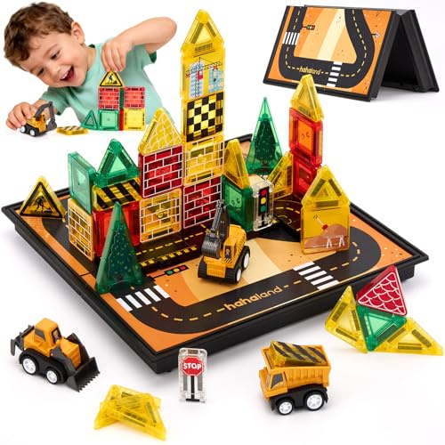 hahaland Costruzioni Magnetiche da Viaggio 42 Pezzi, Tessere Magnetiche Bambini 3+ Anni Tema Cantiere con Veicoli, Giochi Magnetici per Viaggi in Auto e Aereo, Regalo Compleanno 3 4 5 anni