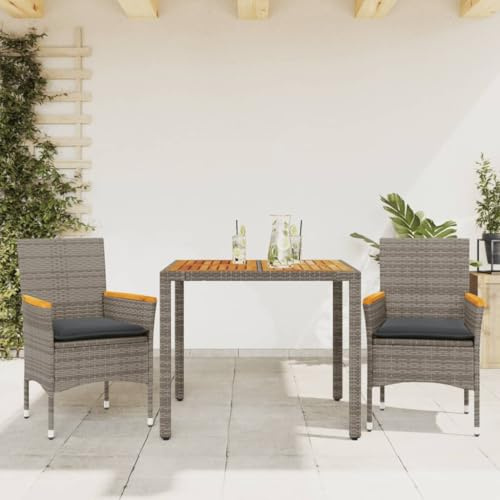 sephironlbb 3-TLG. Garten-Essgruppe Grau Poly Rattan mit Akazie Tisch, 2 Stühle mit Kissen, wetterfestes Gartenmöbel Set für Balkon Terrasse Outdoor Lounge und Essbereich
