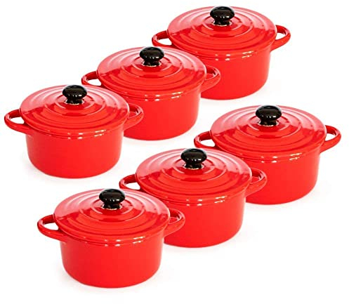 HOBBY CONCEPT 6 Mini Cocottes Céramique avec Double poignées et Couvercle Plat, Rond, Rouge