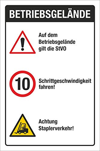 Schild Betriebsgelände StVO Schritt Fahren Staplerverkehr 450 x 300 mm | 3 mm Alu-Verbund, wetterfester UV-Direktdruck, robust und langlebig, Made in Germany