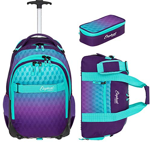 3 Teile Set Trolley Elephant Hero Signature Schultrolley Schulranzen Trolly Sporttasche Mäppchen 12800 (Violet Cube (Lila-Türkis))