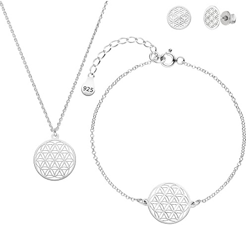 SCHOSCHON SCHMUCKSET Blume des Lebens Halskette Ohrstecker Armband 925 Silber