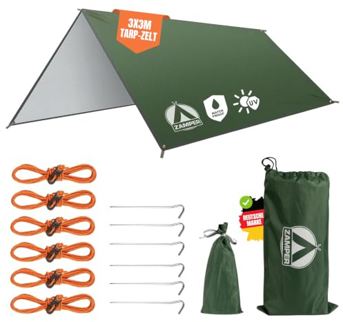 Zamper Tarp Zelt-Plane 3x3m Wasserdicht – Camping Sonnensegel für | Sonnenschutz UV-Schutz – Auch für Outdoor & Strand (grün)