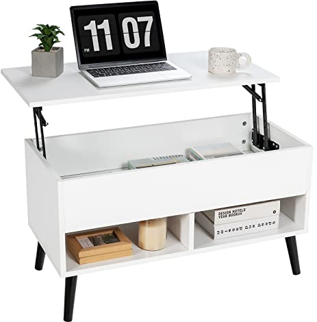 LIFEZEAL Mesa Baja con Bandeja elevable, Mesa de salón Funcional con Almacenamiento Oculto y 2 Compartimentos Abiertos, Patas de Madera de Pino, para Sala de Estar,Oficina, Color Blanco