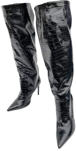 Frankie Hsu Fashion Designer Moderno Sexy Donne Uomini Grandi Grandi Grandi Dimensioni Nero Coccodrillo Vernice A spillo Tacchi Alti Ginocchio Alto Vitello Stivali Lunghi US5-14, nero, 47 EU