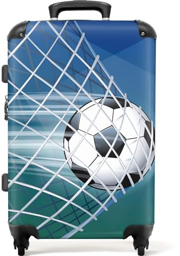 NoBoringSuitcases© Reisekoffer Geschenk Junge Rollkoffer Reisekoffe Trolli | 67x43x25 cm - Suitcase Koffer Groß Kinder - Fussball - Blau - Tor - Netz - Koffer mittelgroß,