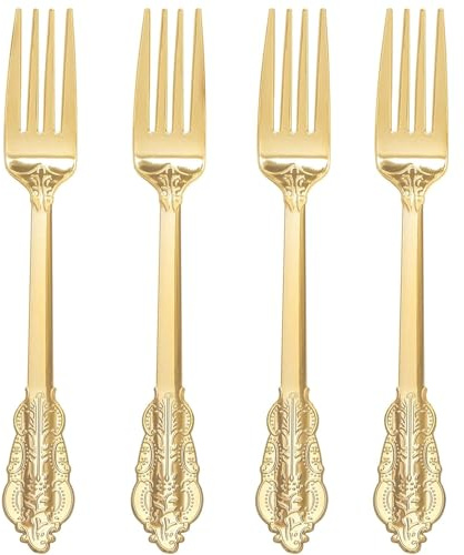 WDF 100 Piece Gold Forks Disposable - 7.48 Inch Gold Plastic Forks - Baroque Plastic Silverware for Dessert Cake - Heavy Duty for Party Wedding Daily Using Baby Shower Spring
