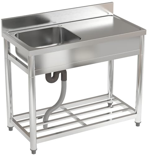 FIDOOVIVIA Stainless Steel Restaurant Kitchen Sink, Commercial Restaurant Sink with Drain & Backsplash, Catering Sink with Storage Shelf and Tap Hole(100x50x80cm, No Tap)