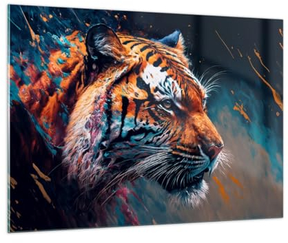 Bilder auf Glas 100x70cm Glasbild Tiger Bunt Tier Groß Wanddeko Bild im Glas Schlafzimmer Küche Deko Wandbilder Dekoration Wohnzimmer Modern Wall Decor Glasdruck Wand Kunstdruck Art GAA100x70-5736