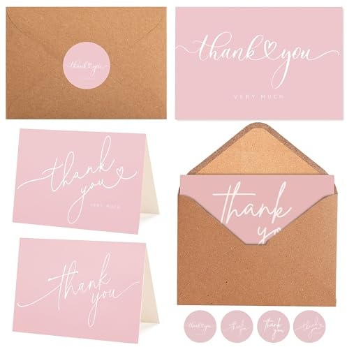 Layneria 100 Bulk Pink Thank You Cards with Kraft Envelopes and stickers - 4 Minimalistic Designs Blank Thank You Notes with Envelopes for business Wedding Bridal Gift Baby Shower Business Graduation