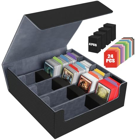 Scatola per Carte per Oltre 3200 Carte, Scatole per Carte Collezionabili con 24 Divisori Colorati e 4 Schiuma, Scatole per Mazzi Magnetici Premium,Custodia in pelle PU Magic the Gathering(Nero Grigio)