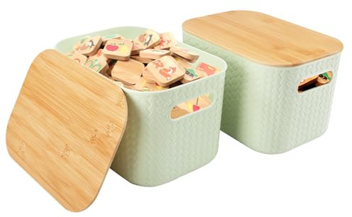 2 Stück Aufbewahrungsbox mit Deckel,Kunststoff Korb Aufbewahrung,Stapelbare Vorratsdose mit Griffen,Aufbewahrungskorb Rattan Organizer Behälter,Aufbewahrungsboxen für Küchen,Bad,Schränk (Grün)