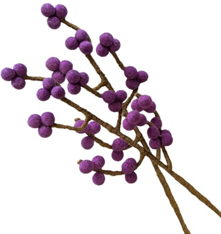 Juego de 2 ramitas con bayas en color lila oscuro de fieltro con tallo flexible, aprox. 30 cm, flores decorativas hechas a mano para creaciones individuales, regalo sostenible, comercio justo, flores