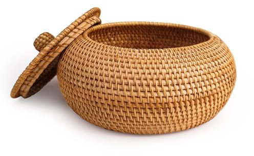 Lilacooqinn Large Round Rattan Basket Box with Lid, Multi-Purpose Wicker Tray, 10.6 inch, Picnic Food Bread Storage Basket (27x15.5cm)