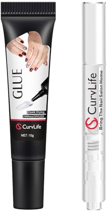 Curvlife 10g Semi Solid Nail Glue Gel with 5ml Nail Glue Remover Pen, No Need for Uv Light, Valentine's Day Gifts Gel Glue for Press On Nails, Click&Remove Pen