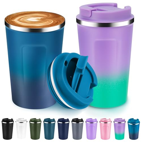 Volhoply 380ml doppelwandiger vakuumisolierter Kaffeebecher mit Klappdeckel, Edelstahl, tragbarer Reise-Thermobecher für heiße und kalte Getränke (Mischfarbe, 2er-Set)