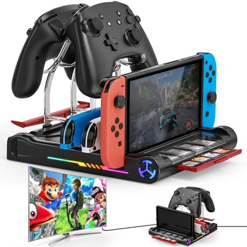 Tendak Switch Docking Station, TV Dock Station für Nintendo Switch/Switch OLED, LED Switch JoyCon Controller Ladestation mit 8 Switch Spiele Aufbewahrung