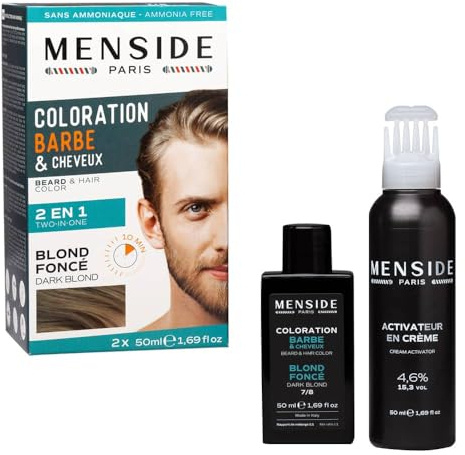 Menside - Kit de Coloration 2 en 1 Barbe & Cheveux - Crème Colorante + Rénovateur - Couvre Durablement Poils et Cheveux Gris - A l'Aloès et Santal Rouge - blond foncé