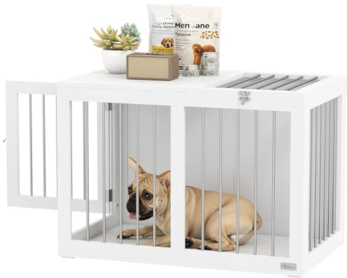 PawHut Jaula para Perros Medianos 2 en 1 Mesa Auxiliar Estilo Moderno con 2 Puertas con Pestillo y Estructura de Acero Inoxidable Casa para Perros 80x50x56,5 cm Blanco