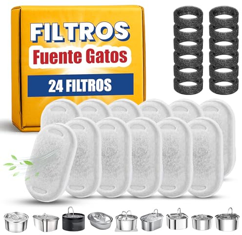 Filtros Fuente Gatos 24 uds – Filtro Fuente para Gatos con 12 Filtros de Carbón y 12 Esponjas – Agua Limpia, Reutilizable y Compatible con Fuentes de Acero Inoxidable
