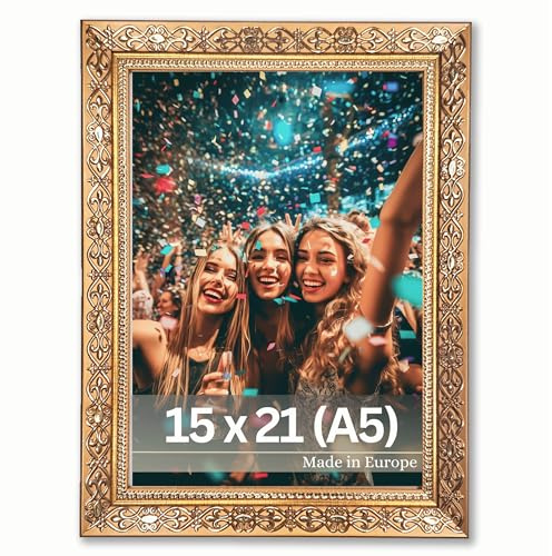 Victor cadre photo Vermeer or en 15x21 cm (A5) – style baroque antique – verre acrylique incassable – dos en MDF – format portrait et paysage – décoration pour la maison