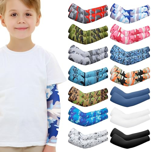 Cooraby Lot de 14 paires de manchons de bras pour enfants, compression pour jeunes, garçon et fille, pour baseball, football, sports, protection solaire, bras rafraîchissants, 11-14 ans