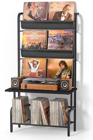Bikoney Schallplattenregal mit Plattenspieler Ständer – Vinyl Regal für bis zu 300 Schallplatten, Plattenspielertisch mit Vinyl Display & Wandhalterung – Schallplatten Aufbewahrung in Große Schwarz
