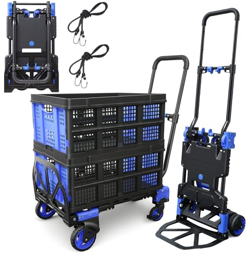 2 in 1 Folding Hand Truck with 2 Folding Basket,330lbs Capacity Heavy Duty Hand Truck,with Telescoping Handle and Rubber Wheels,Portable Dolly Cart with Bungee Cords for Moving,Travel,Shopping