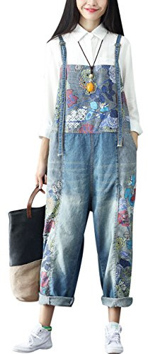 Youlee Pantaloni estivi da donna a gamba larga, in denim, salopette