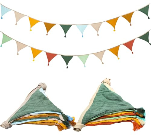 2 Stück Wimpelkette Kinderzimmer, Musselin Baumwolle Stoff Wimpelkette mit Quasten, 2.6m Wetterfest Wimpelkettes Outdoor für Girlande Kinderzimmer Deko, Hausbett (Morandi Grün)