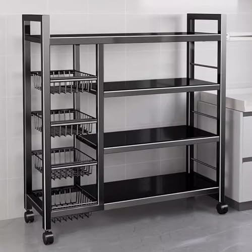 VVVineanie Un Bastidor de Almacenamiento de Metal Resistente y Duradero con 4 Capas y 4 Cestas de Malla, Equipado con Rodillos y Altura Ajustable de 5 Centímetros (Negro, 48x12.6x53in/120x32x135cm)