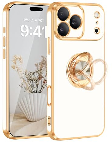 Fingic for iPhone 17 Pro Case[with 360°Rotatable Ring Holder][Support Magnetic Car Mount] Shiny Plating Gold Slim Thin Soft TPU Bumper Shockproof Cases for iPhone 17 Pro for Women Men,6.3 2025 White