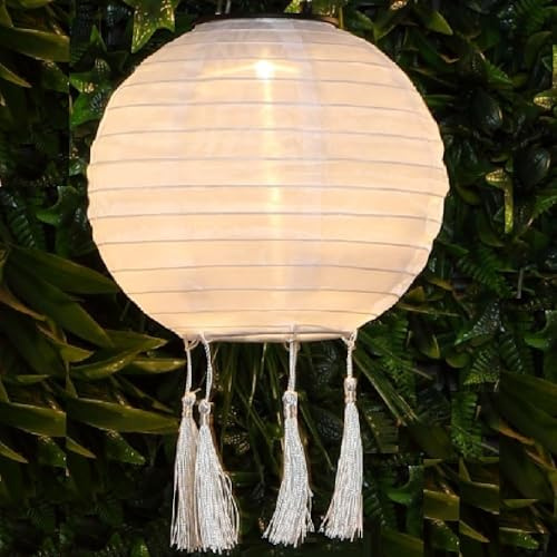 Set of 4 Solar LED Nylon Mandarin Lantern Lights – Waterproof Outdoor Garden Decor with Hanging Hook – Warm White Glow – Solar365 & Dusk Sensor Tech – 5 Elegant Designs (20 cm Round (4 Pack))